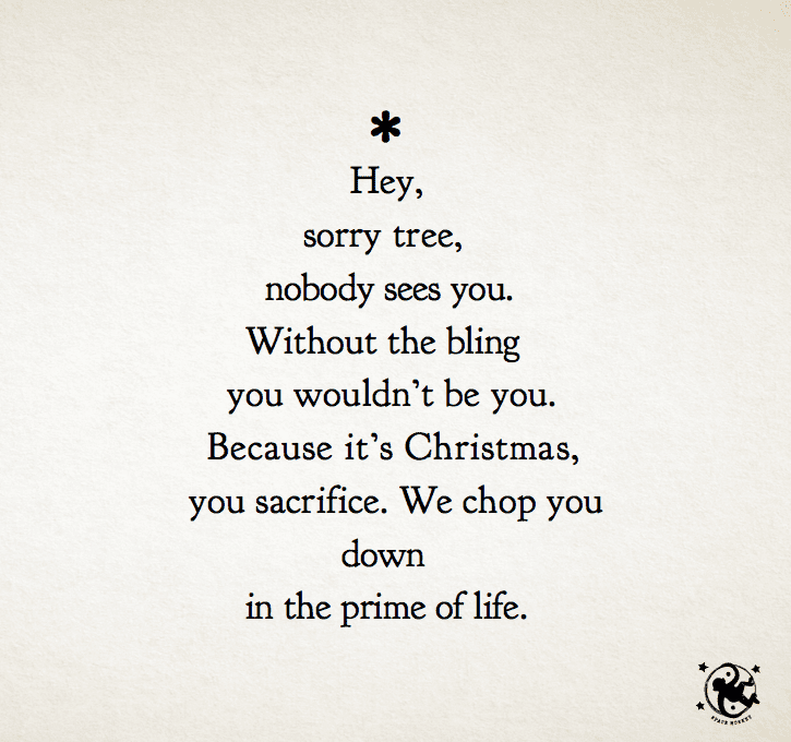  Hey,  sorry tree, nobody sees you. Without the bling  you wouldn’t be you. Because it’s Christmas, you sacrifice. We chop you down in the prime of life.