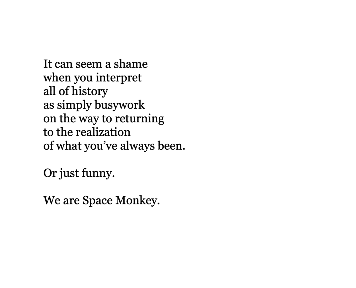  It can seem a shame when you interpret all of history as simply busywork on the way to returning to the realization of what you’ve always been.  Or just funny.  We are Space Monkey.
