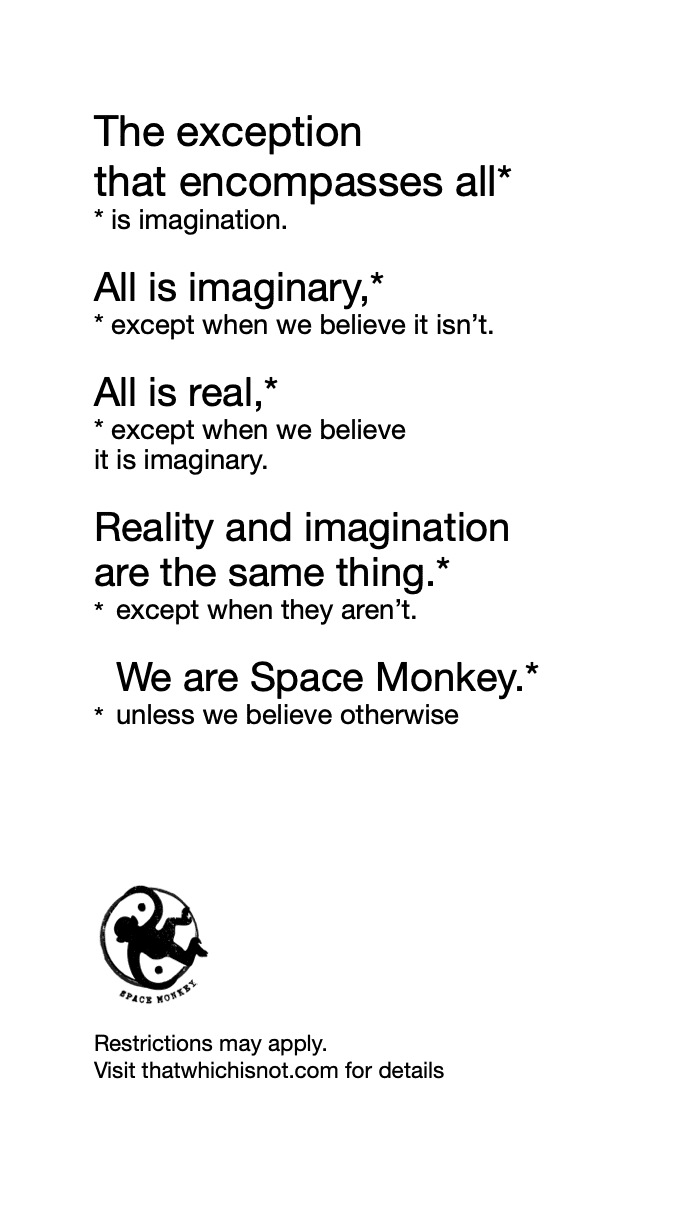 The exception that encompasses all* * is imagination.  All is imaginary,* * except when we believe it isn’t.  All is real,* * except when we believe it is imaginary.  Reality and imagination are the same thing.* except when they aren’t.  We are Space Monkey.* unless we believe otherwise
