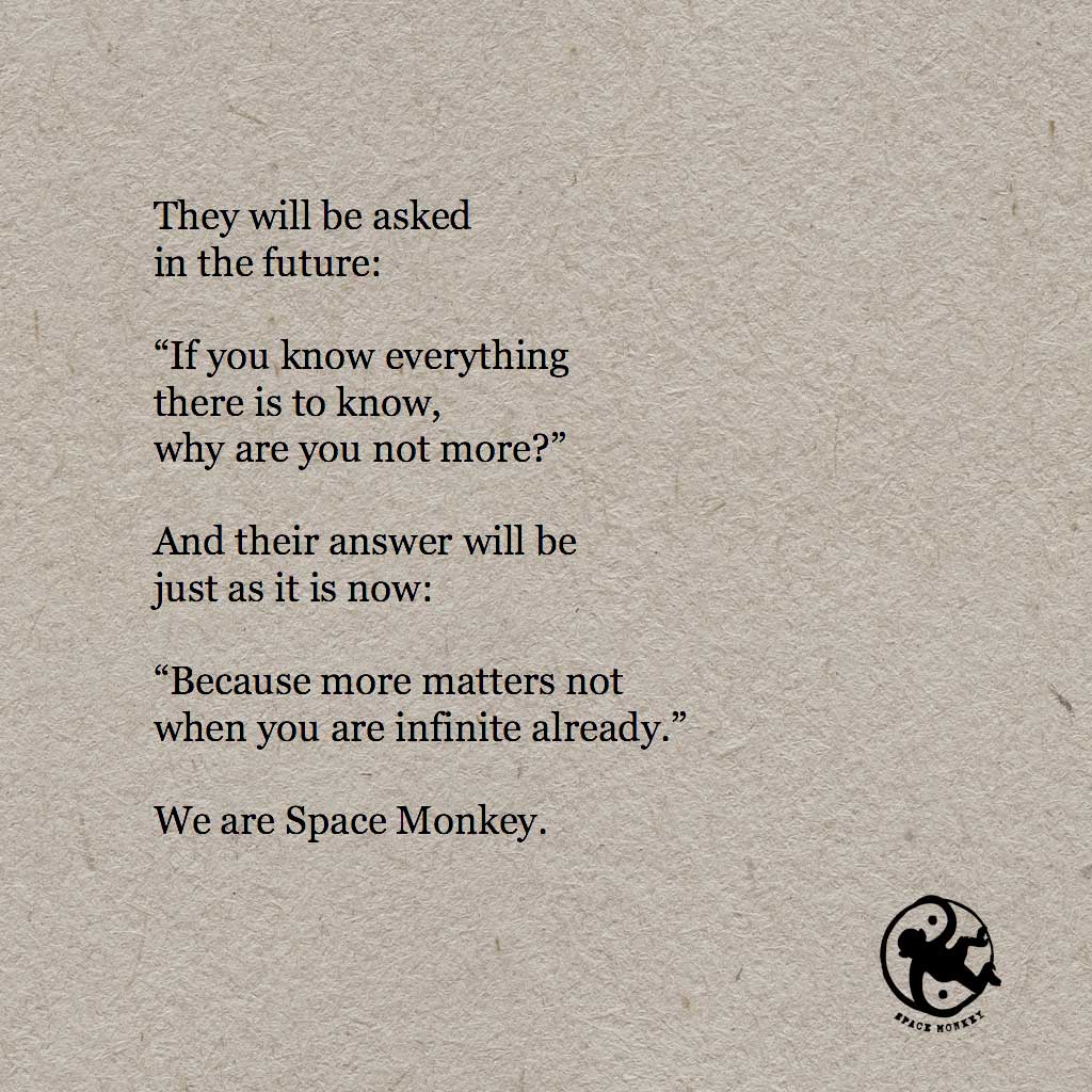 They will be asked  in the future:  “If you know everything  there is to know,  why are you not more?” And their answer will be  just as it is now: “Because more matters not when you are infinite already.”  We are Space Monkey.